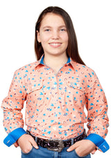 Just Country Girls Harper Half Button Print Work Shirt (GWLS2106) Sherbert/Blue Jewel