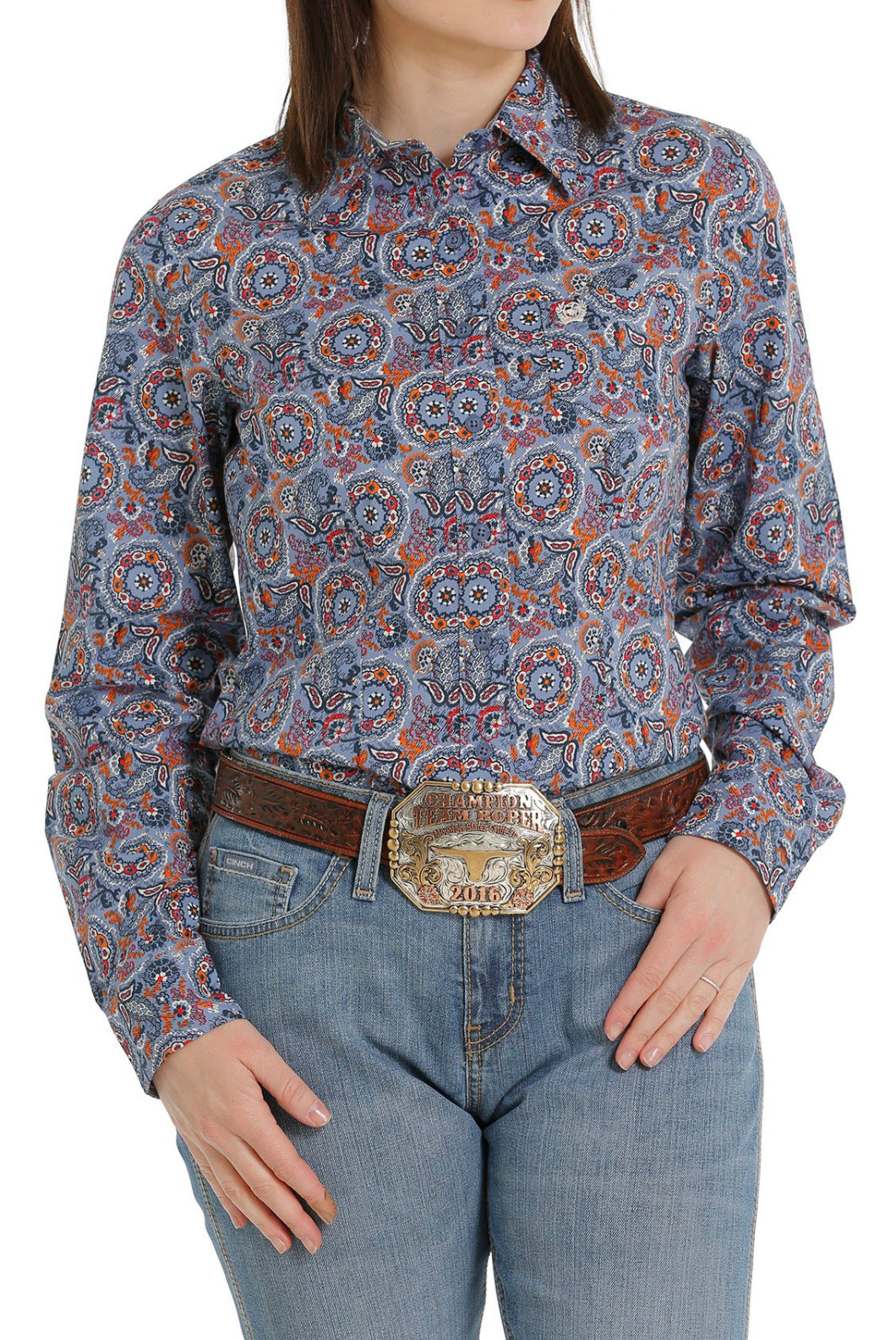 Cinch Ladies Patterned Blue, Orange, Red and White Shirt